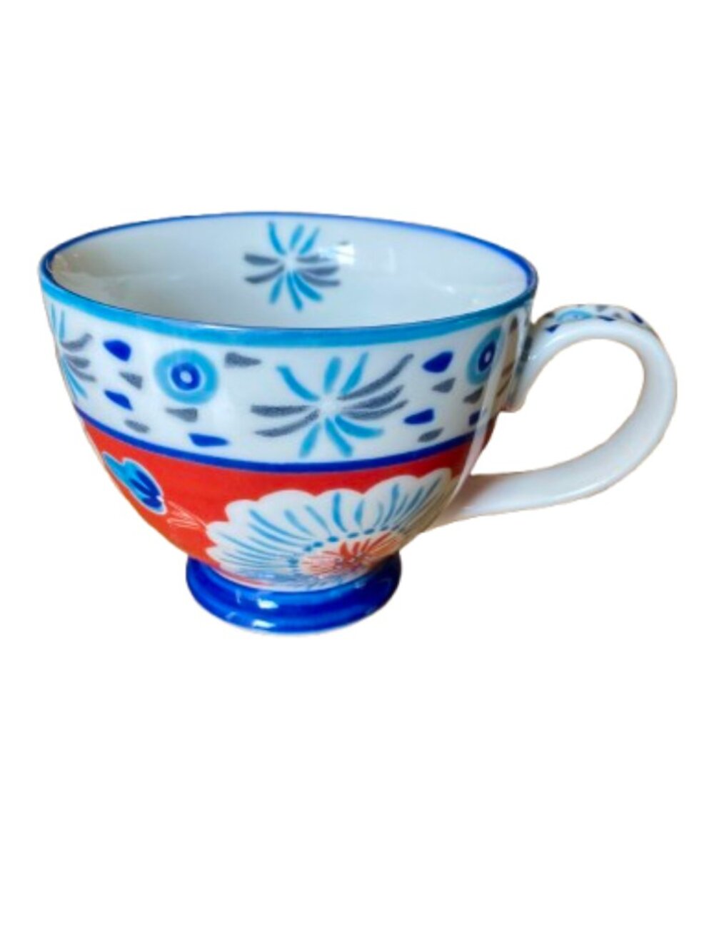 Anthropologie Potters Studio Wide Mouth Pedestal Footed Mug White Red Blue